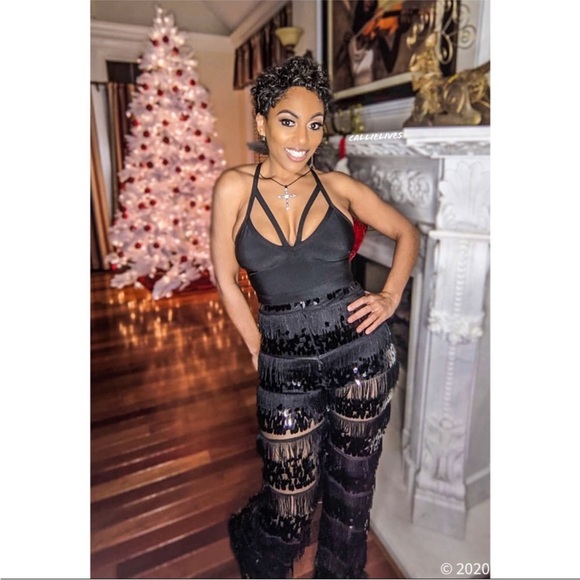 Gold Label Wow Couture Fringe Sequin Mesh Black Halter Top Jumpsuit: Size Small - Picture 10 of 13